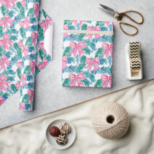 Preppy Pink Bows and Garland Christmas Wrapping Paper