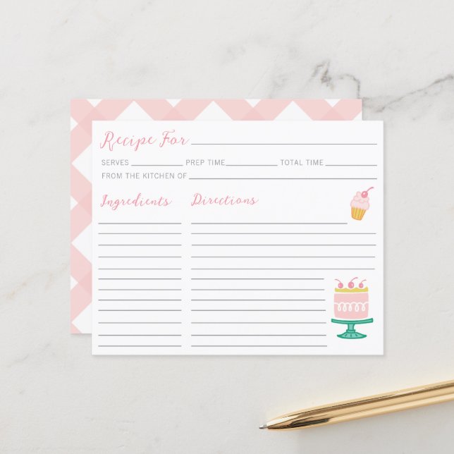 Preppy Pink Cake Cupcake Recipe Card (Front/Back In Situ)