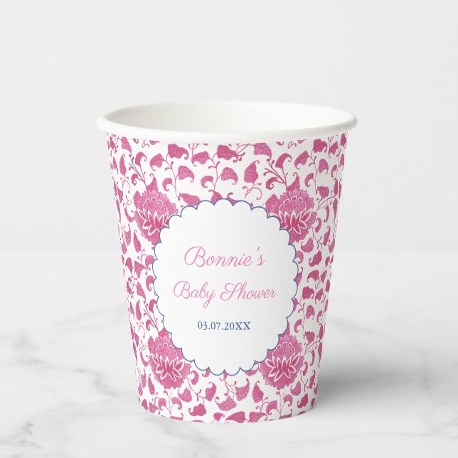 Preppy Pink Chinoiserie Bridal Shower Party Paper Cups (Front)