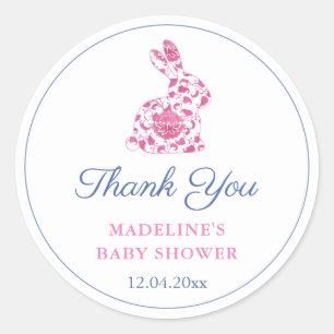 Preppy Pink Chinoiserie Bunny Baby Shower Favour Classic Round Sticker