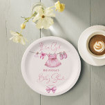Preppy pink clothes on a line baby shower custom<br><div class="desc">Preppy pink clothes on a line baby shower customised printed paper plates personalised baby shower table decor cute baby girl clothes on a line</div>
