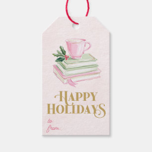Preppy Pink Coffee & Books Happy Holidays gift tag
