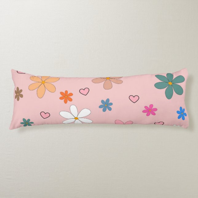 Preppy Pink Colourful Flower Heart Y2K Pattern Body Cushion (Front)