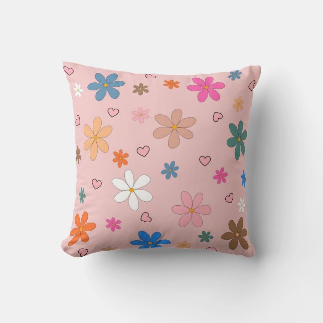 Preppy Pink Colourful Flower Heart Y2K Pattern Cushion (Front)