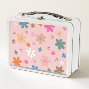 Preppy Pink Colourful Flower Heart Y2K Pattern Metal Lunch Box