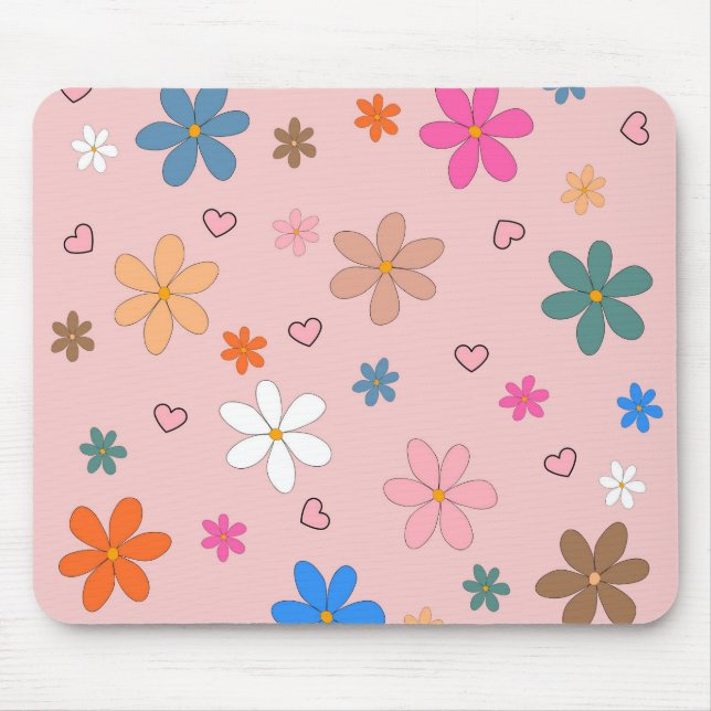 Preppy Pink Colourful Flower Heart Y2K Pattern Mouse Pad (Front)