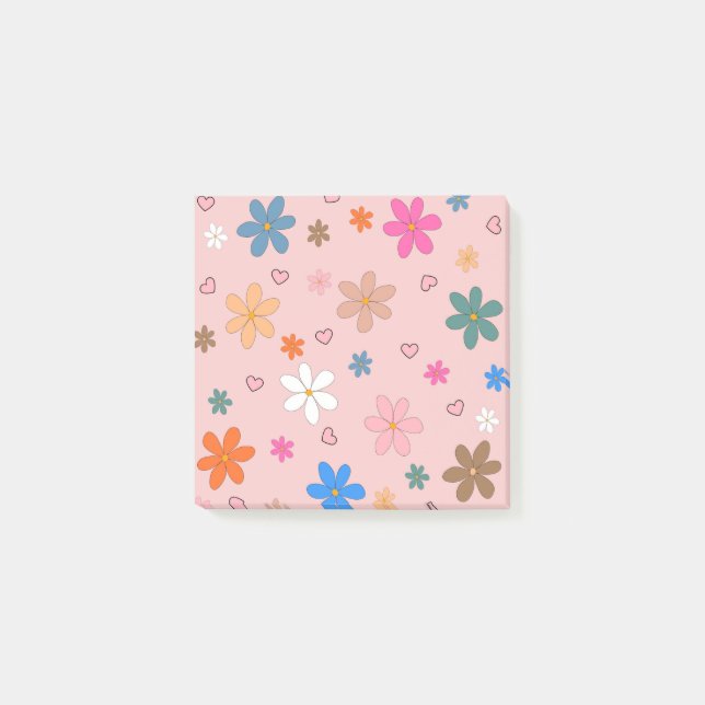 Preppy Pink Colourful Flower Heart Y2K Pattern Post-it Notes (Front)