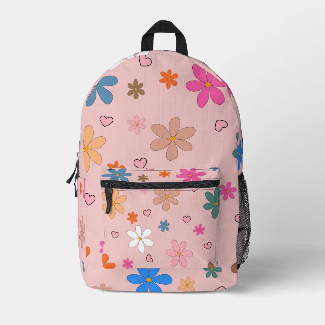Preppy Pink Colourful Flower Heart Y2K Pattern Printed Backpack (Front)