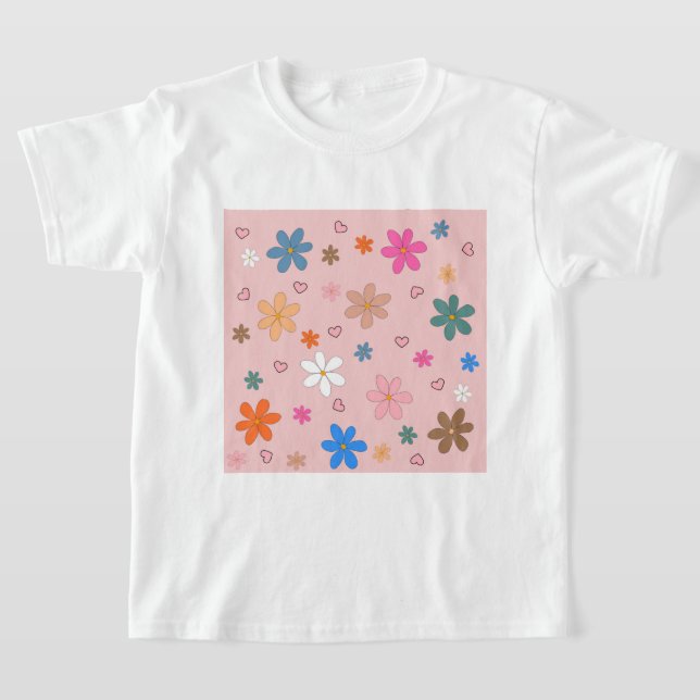 Preppy Pink Colourful Flower Heart Y2K Pattern T-Shirt (Laydown)