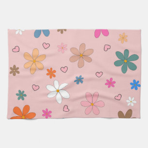 Preppy Pink Colourful Flower Heart Y2K Pattern Tea Towel