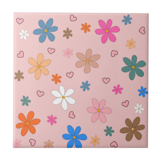 Preppy Pink Colourful Flower Heart Y2K Pattern Tile (Front)