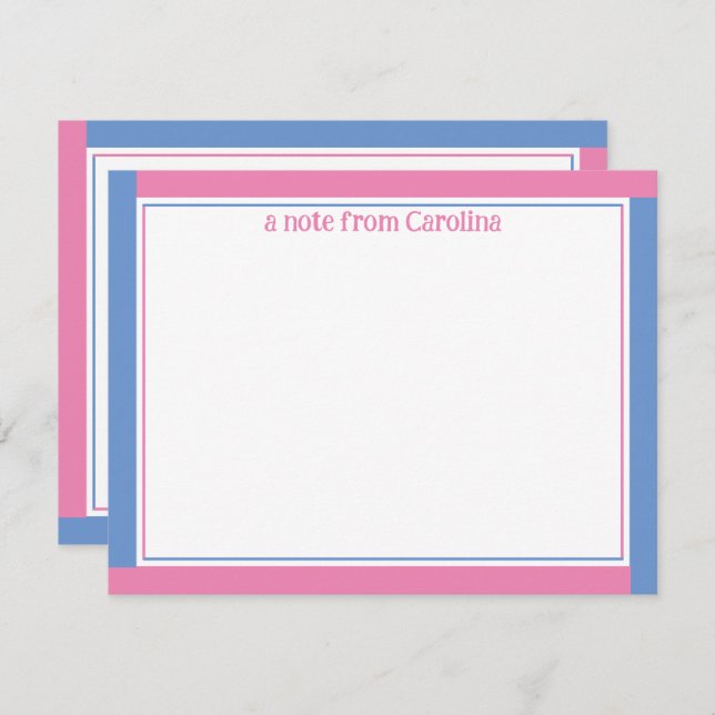 Preppy Pink & Cornflower Blue Name Stationery Card (Front/Back)