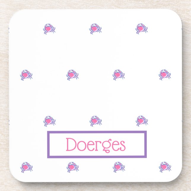 Preppy Pink Crab Personalised Coaster (Front)