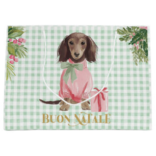 Preppy Pink Dachshund & Green Gingham Buon Natale Large Gift Bag