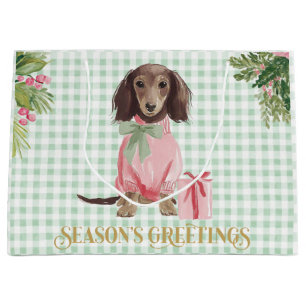 Preppy Pink Dachshund & Green Gingham Christmas Large Gift Bag