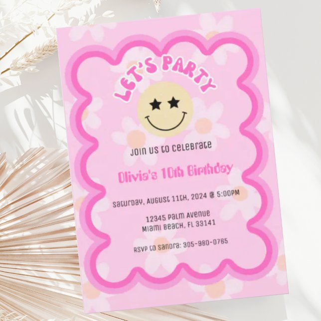 Preppy Pink Daisy Y2K Happy Face Party Birthday Invitation (Creator Uploaded)