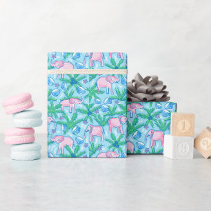 Preppy Pink Elephant Tropical Wrapping Paper