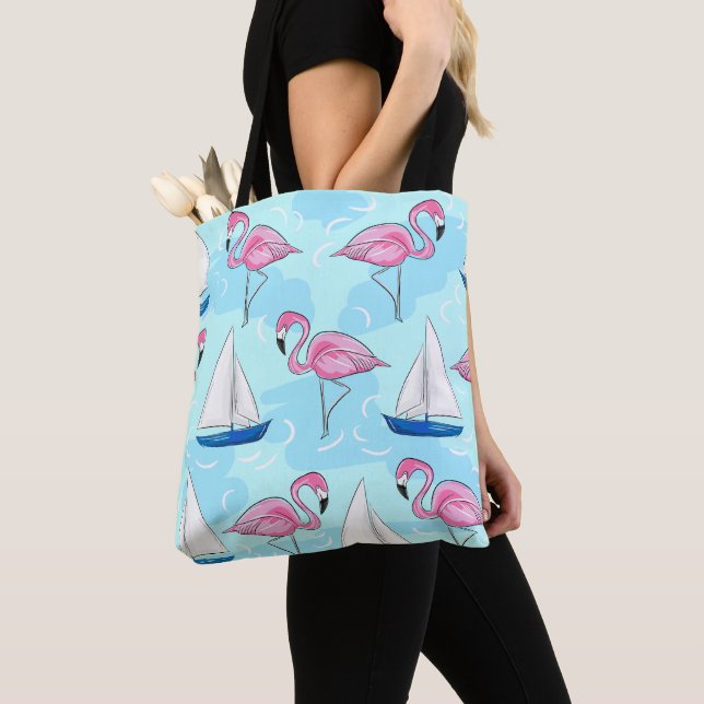 Preppy Pink Flamingo Blue Sailboat Tote Bag (Close Up)