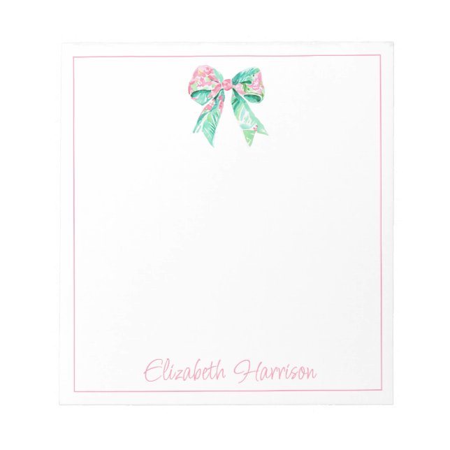 Preppy Pink Floral Bow Personalised Notepad (Front)