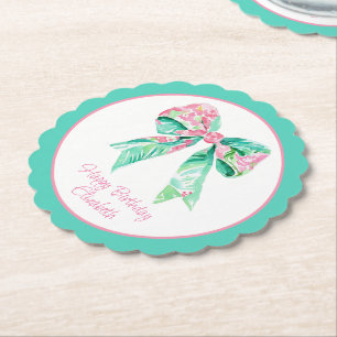 Preppy Pink Floral Bow Personalised Paper Coaster