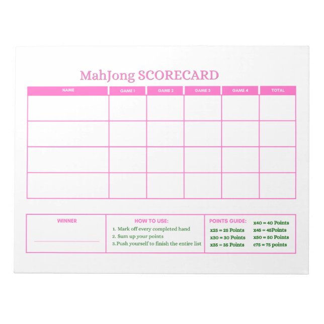 Preppy Pink Game Scorecard Tracker Mahjong Notepad (Front)