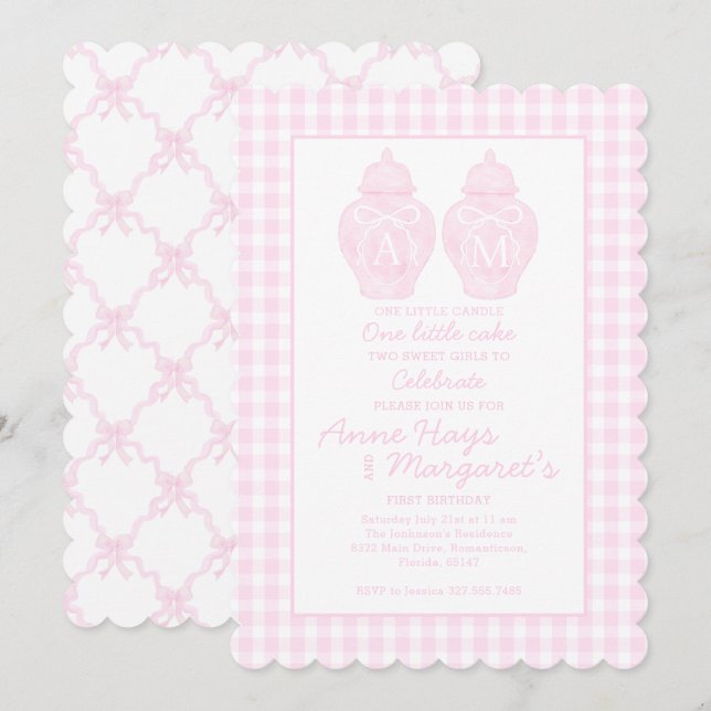 Preppy Pink Ginger Jar Monogram First birthday Invitation (Front/Back)