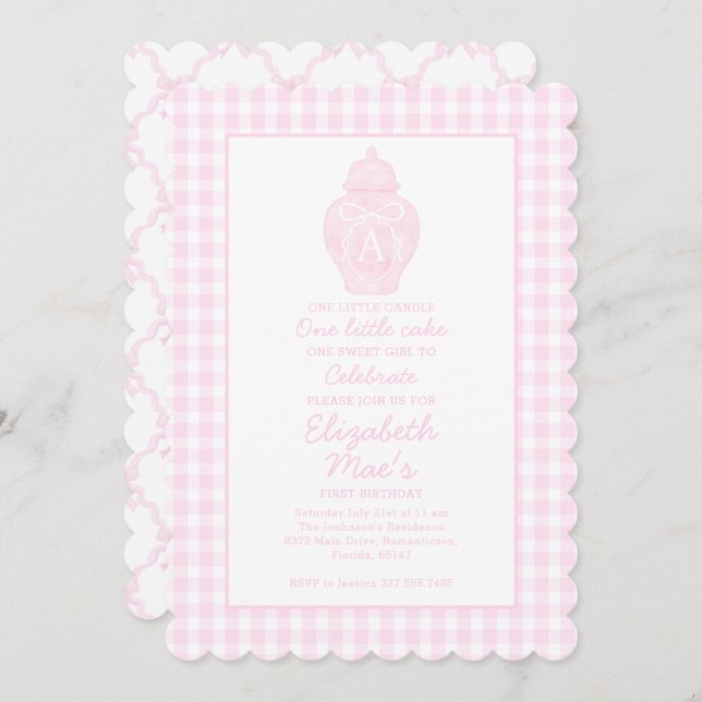 Preppy Pink Ginger Jar Monogram First birthday Invitation (Front/Back)