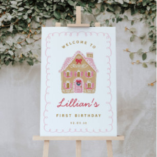 Preppy Pink Gingerbread House Birthday Welcome Poster