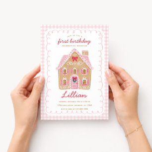 Preppy Pink Gingerbread House Christmas Birthday Invitation
