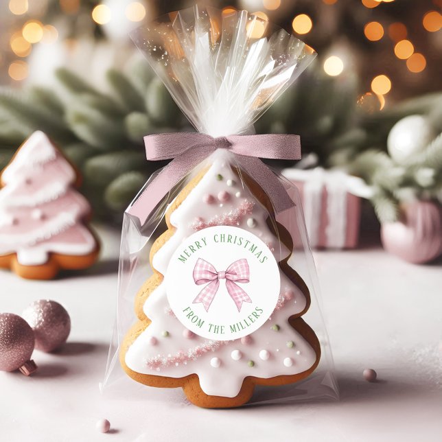 Preppy Pink Gingham Bow Classic Round Sticker (Creator Uploaded)