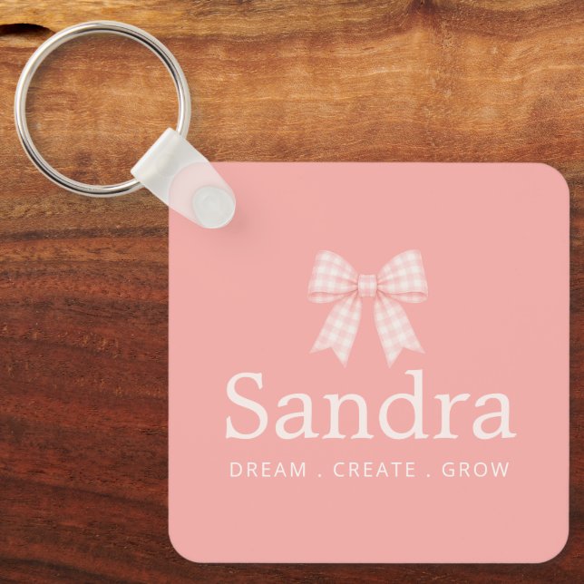 Preppy Pink Gingham Bow Name Quote Key Ring (Front)