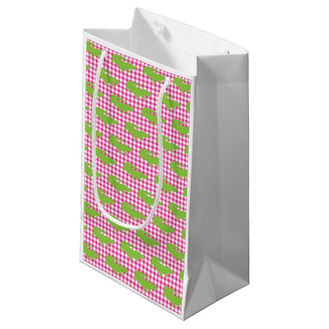 Preppy Pink Gingham Green Alligator Southern Fun Small Gift Bag (Front Angled)
