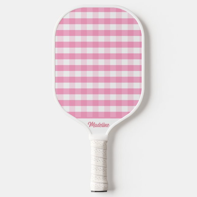 Preppy Pink Gingham Pickleball Paddle (Front)