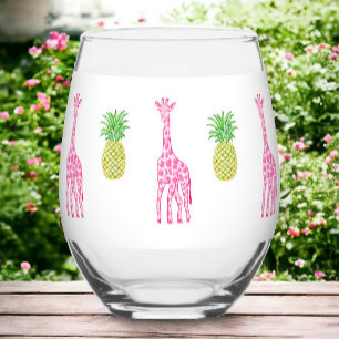 Preppy Pink Giraffes Pineapples Classic  Stemless Wine Glass