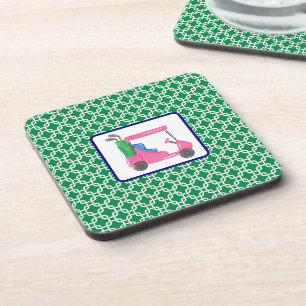 Preppy Pink Golf Cart Green White Link Pattern Coaster