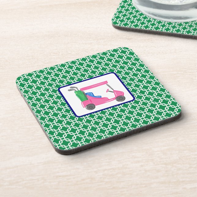 Preppy Pink Golf Cart Green White Link Pattern Coaster (Left Side)