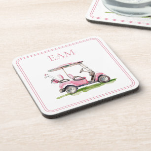 Preppy Pink Golf Cart Monogram Coaster
