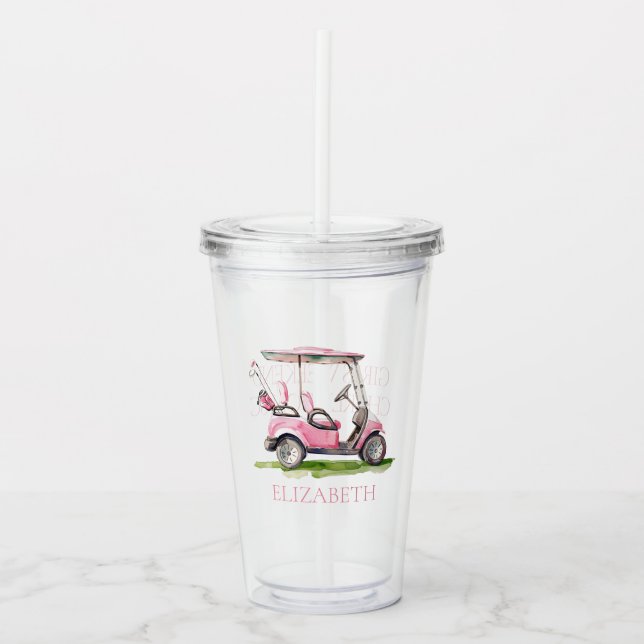 Preppy Pink Golf Cart Personalised Acrylic Tumbler (Front)