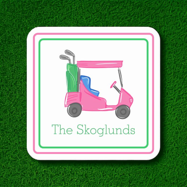 Preppy Pink Golf Cart Personalised Border Square Paper Coaster (Creator Uploaded)