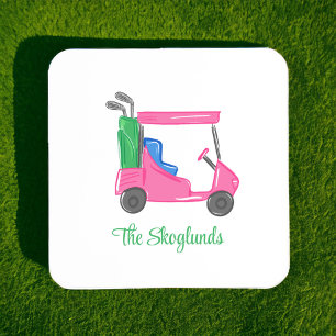 Preppy Pink Golf Cart Personalised Coaster