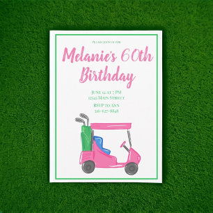 Preppy Pink Golf Cart / Stylish Golf Birthday Invitation