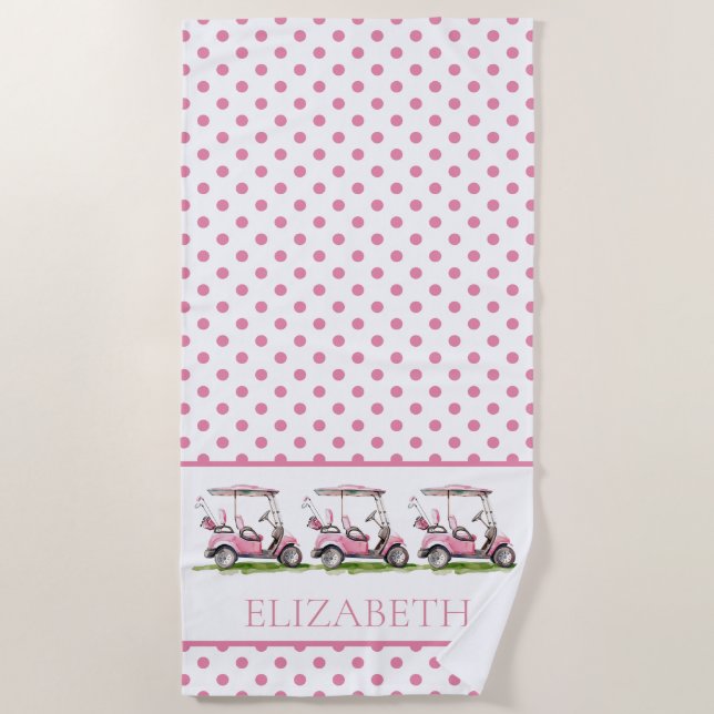 Preppy Pink Golf Carts on Polka Dots Personalised Beach Towel (Front)