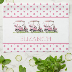 Preppy Pink Golf Carts on Polka Dots Personalized Tea Towel