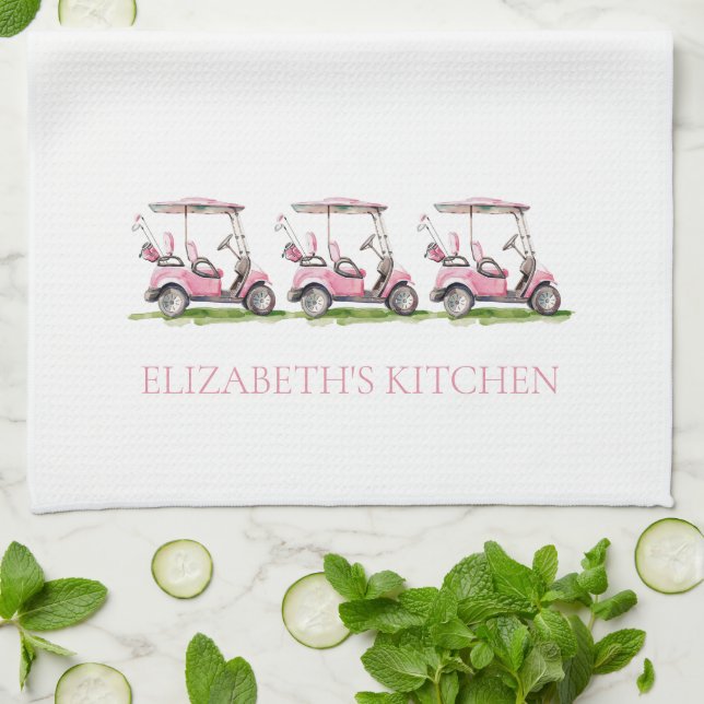 Preppy Pink Golf Carts Personalised Tea Towel (Folded)