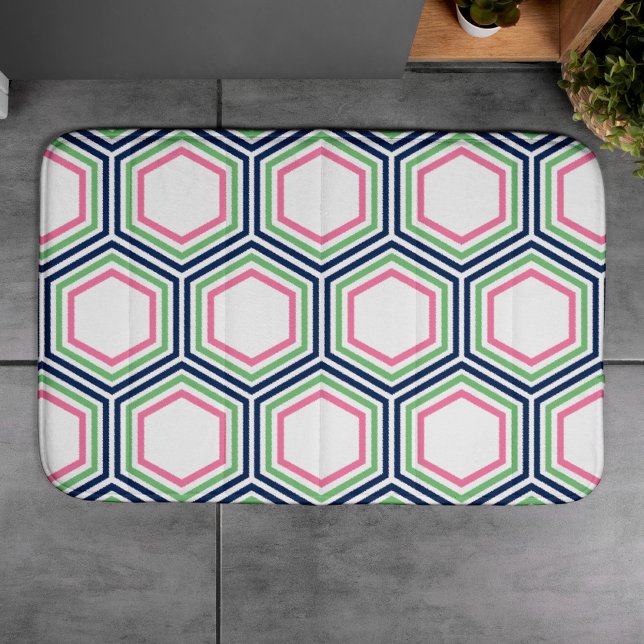Preppy Pink Green Blue Geometric Pattern Bath Mat (Creator Uploaded)