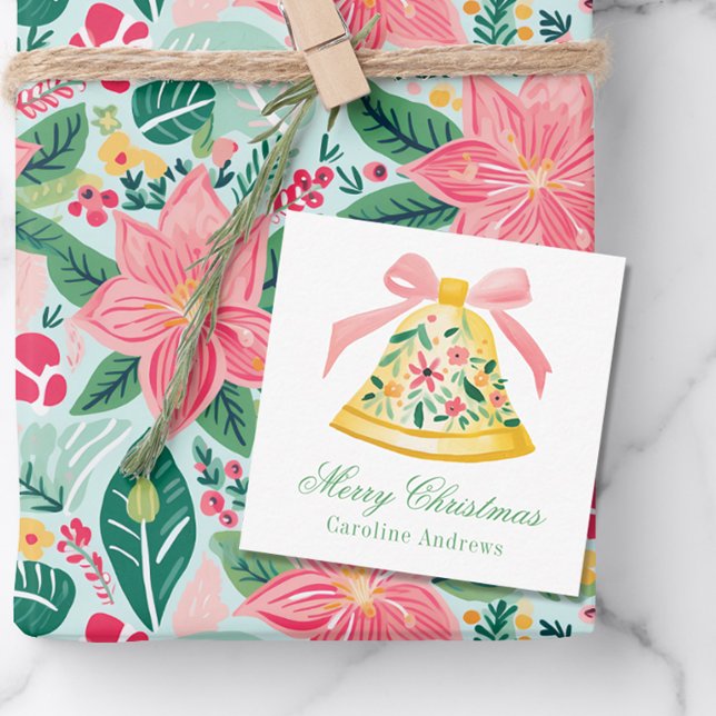 Preppy Pink & Green Christmas Bell Gift Enclosure Card (Creator Uploaded)