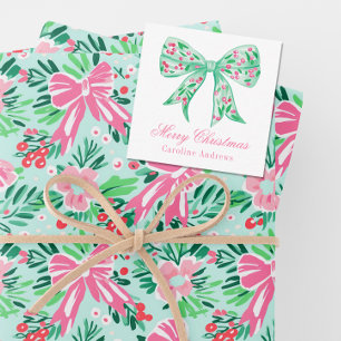 Preppy Pink & Green Christmas Bow Gift Enclosure Card