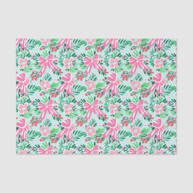 Preppy Pink & Green Christmas Bows & Garland Tissue Paper (Front)