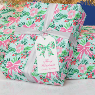 Preppy Pink & Green Christmas Holly Berry Bow Gift Tags