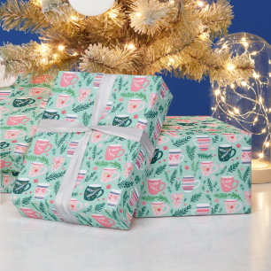 Preppy Pink & Green Christmas Mugs Wrapping Paper